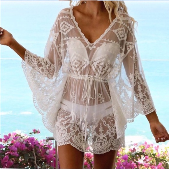 New! Sheer Lace Crochet Batwing Coverup - Picture 3 of 3